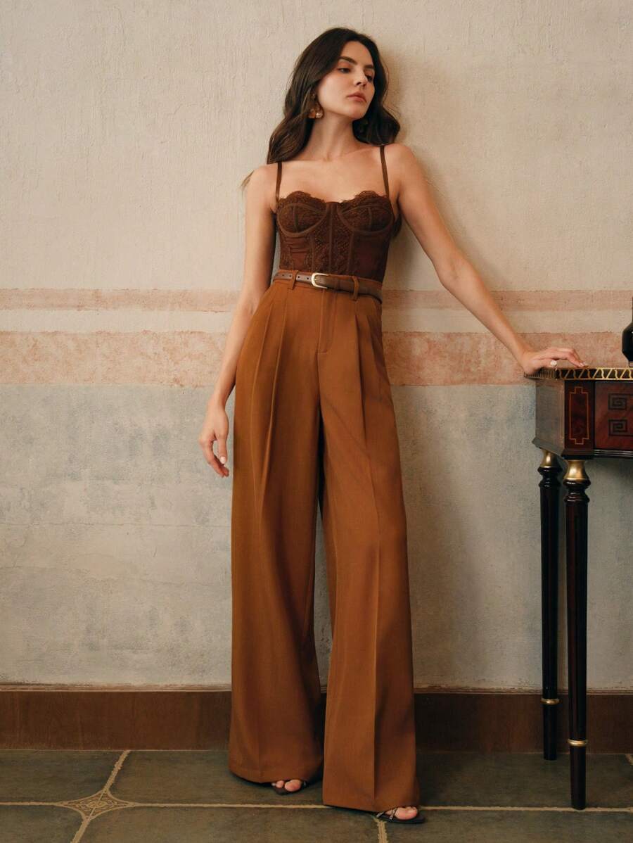 Women's Pleated Wide Leg Dress Trousers, Stretch Tailored Pants for Work Office - Mustard Yellow