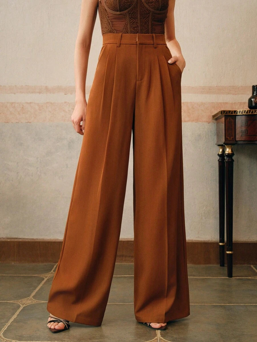Women's Pleated Wide Leg Dress Trousers, Stretch Tailored Pants for Work Office - Rust Brown