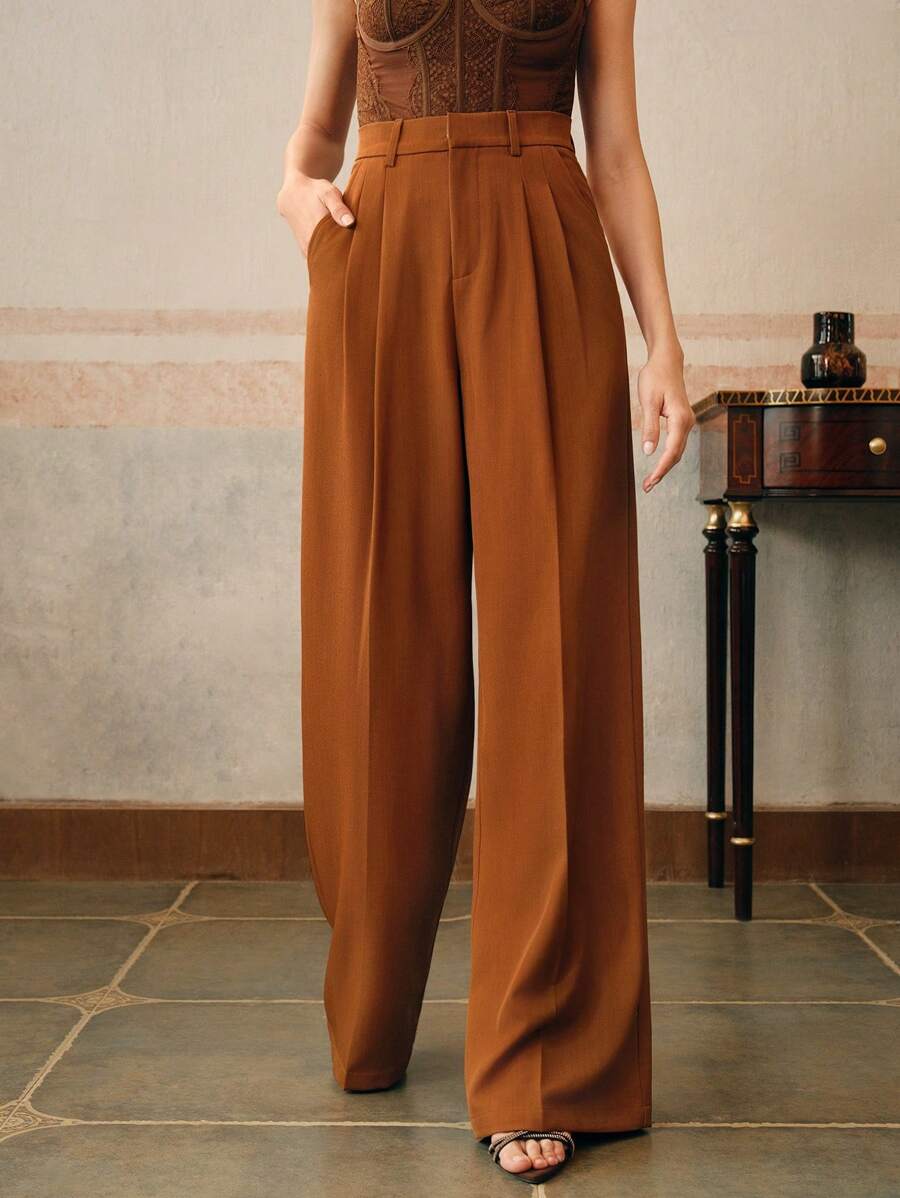 Women's Pleated Wide Leg Dress Trousers, Stretch Tailored Pants for Work Office - Red Violet