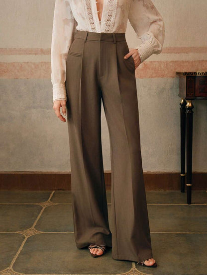 Women's Belted Straight Leg Suit Trousers, Stretch Dress Pants for Work Office - Bronze
