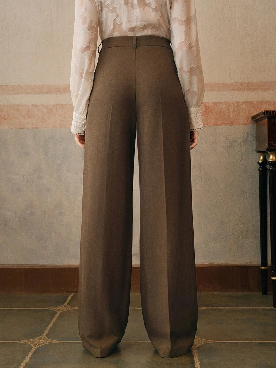 Women's Belted Straight Leg Suit Trousers, Stretch Dress Pants for Work Office - Burgundy