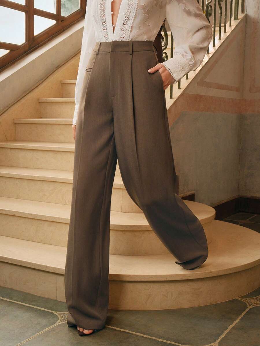Women's Belted Straight Leg Suit Trousers, Stretch Dress Pants for Work Office - Apricot