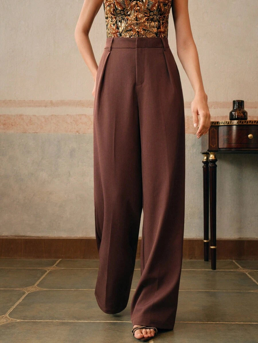Tatiana Pleated High Waist Wide Leg Trousers with Pockets - Purple