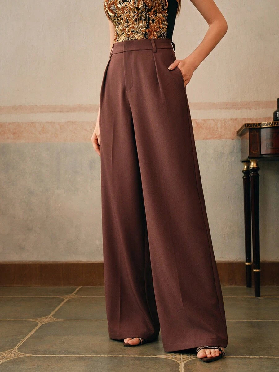Tatiana Pleated High Waist Wide Leg Trousers with Pockets - Black