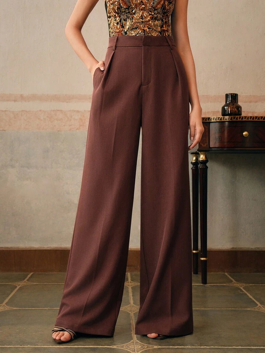 Tatiana Pleated High Waist Wide Leg Trousers with Pockets - Blue
