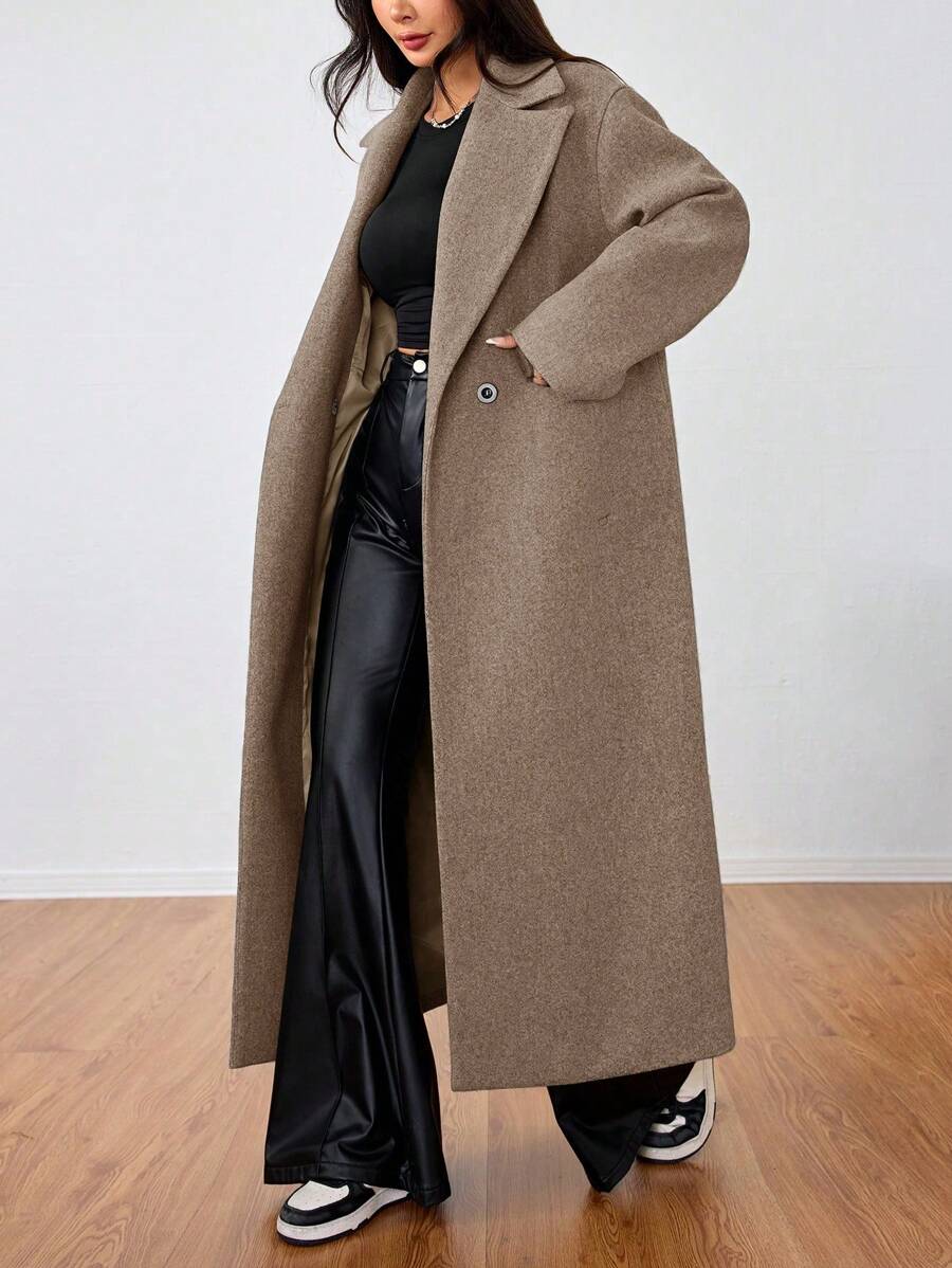 Jolie Oversized Double Breasted Long Coat with Lapel Collar - Camel