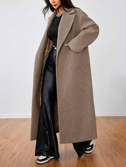 Jolie Oversized Double Breasted Long Coat with Lapel Collar - Camel