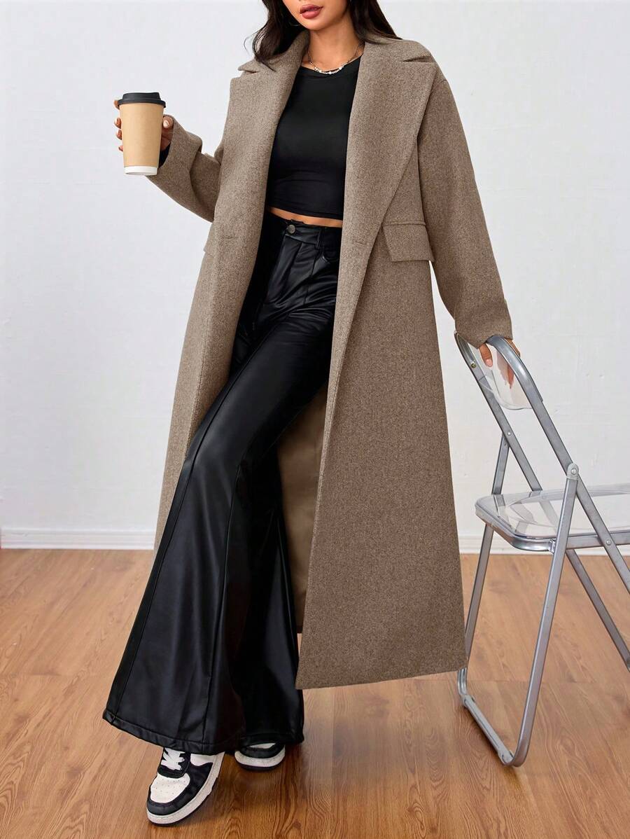 Jolie Oversized Double Breasted Long Coat with Lapel Collar - Camel