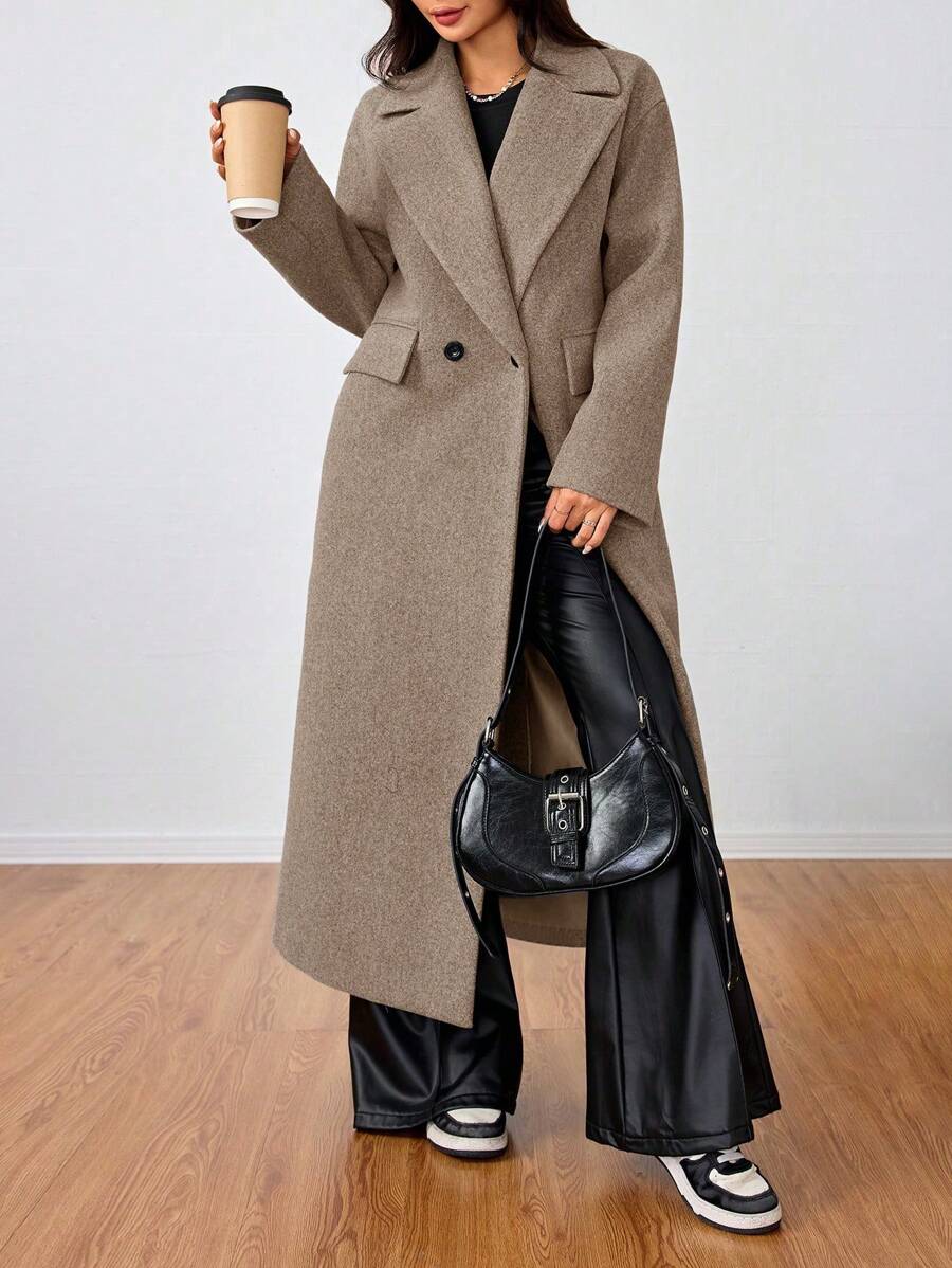 Jolie Oversized Double Breasted Long Coat with Lapel Collar - Camel