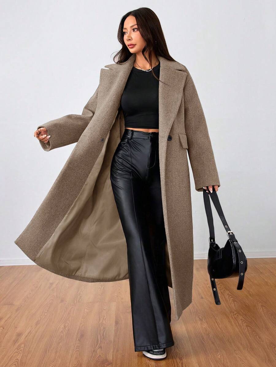Jolie Oversized Double Breasted Long Coat with Lapel Collar - Camel