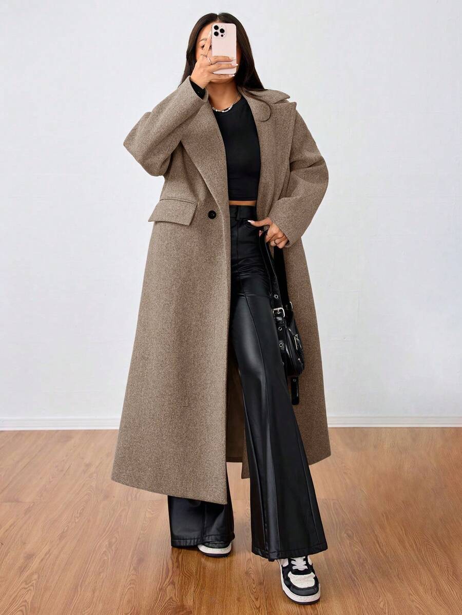 Jolie Oversized Double Breasted Long Coat with Lapel Collar - Camel