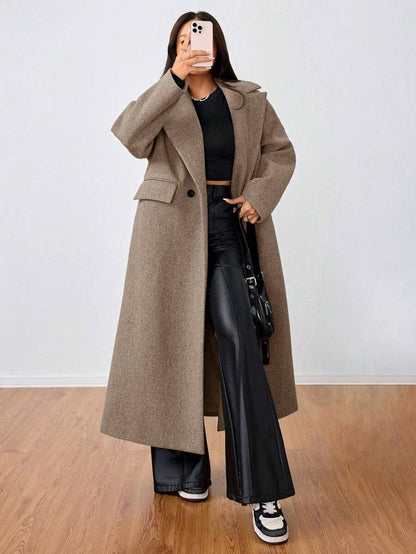 Jolie Oversized Double Breasted Long Coat with Lapel Collar - Camel