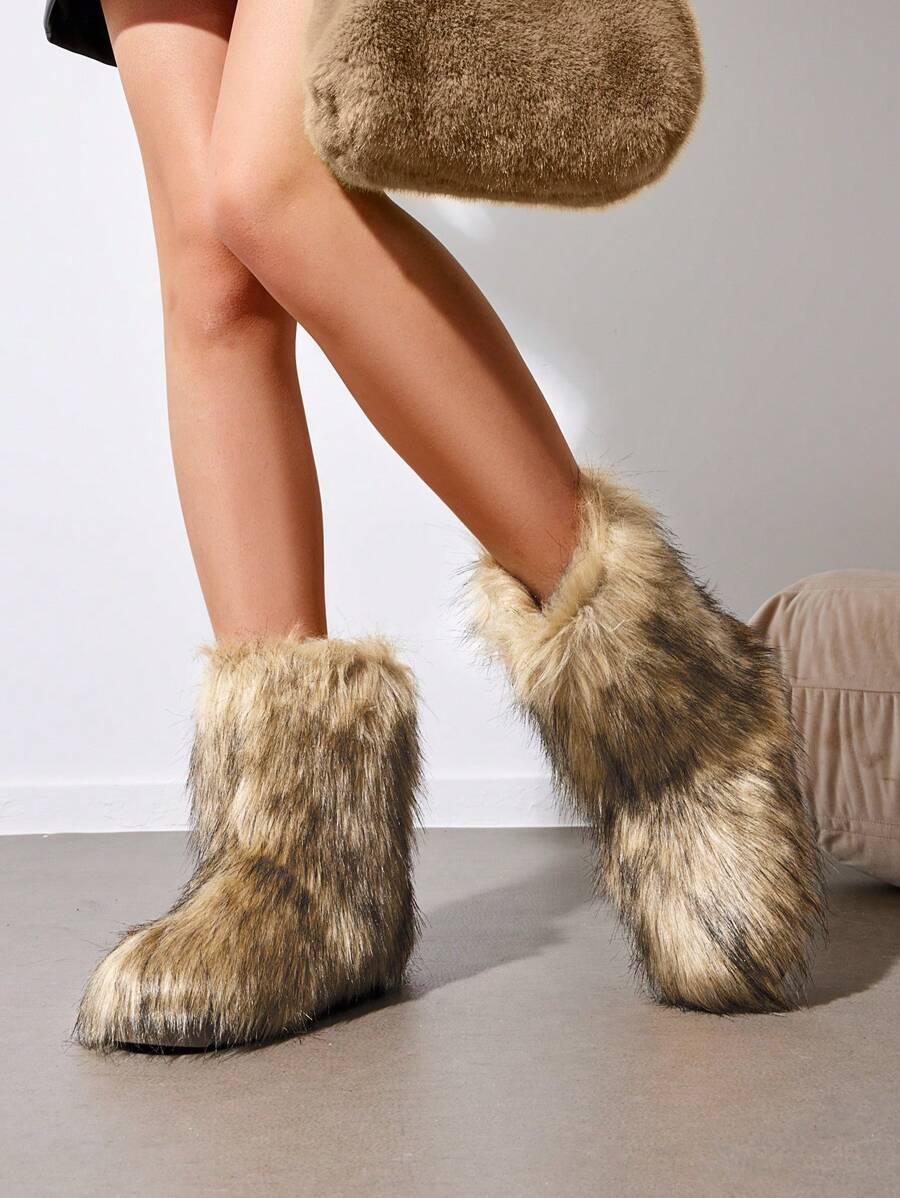 Women Winter Boots Fluffy Flat Snow Boots Slip-On Furry Boots Ladies Shoes Go With Dress Great For Festival And Party Occasion Mid-Calf Boots Mensa