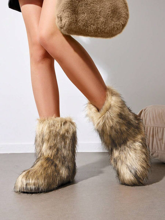 Women Winter Boots Fluffy Flat Snow Boots Slip-On Furry Boots Ladies Shoes Go With Dress Great For Festival And Party Occasion Mid-Calf Boots Mensa
