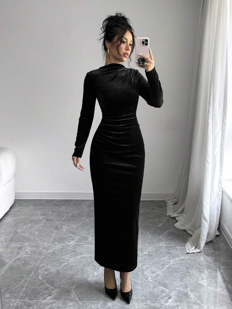 Florence Velvet Ruched Mock Neck Bodycon Maxi Dress - Black