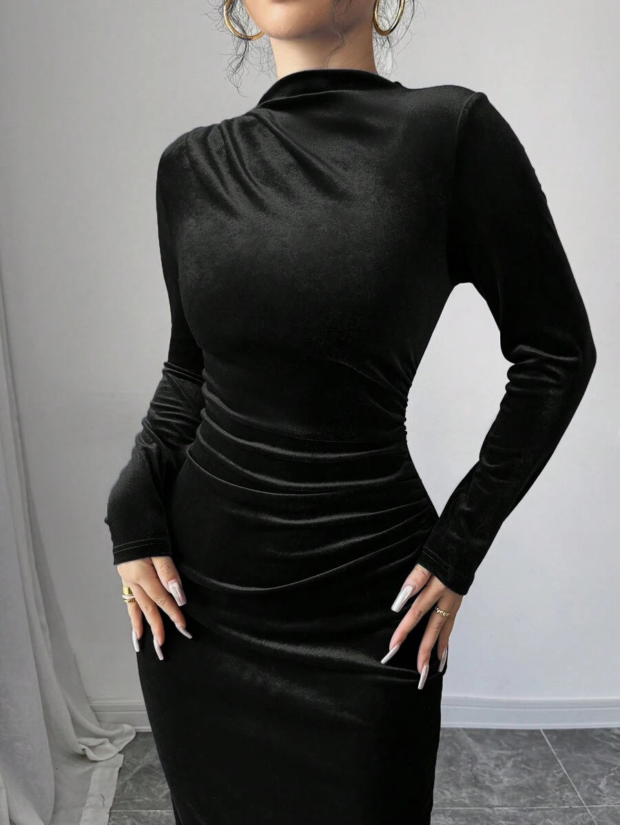 Florence Velvet Ruched Mock Neck Bodycon Maxi Dress