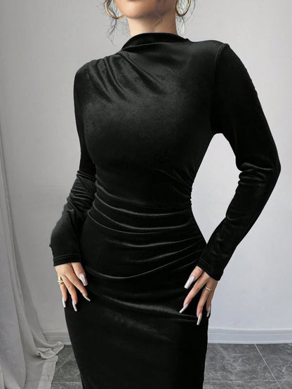 Florence Velvet Ruched Mock Neck Bodycon Maxi Dress