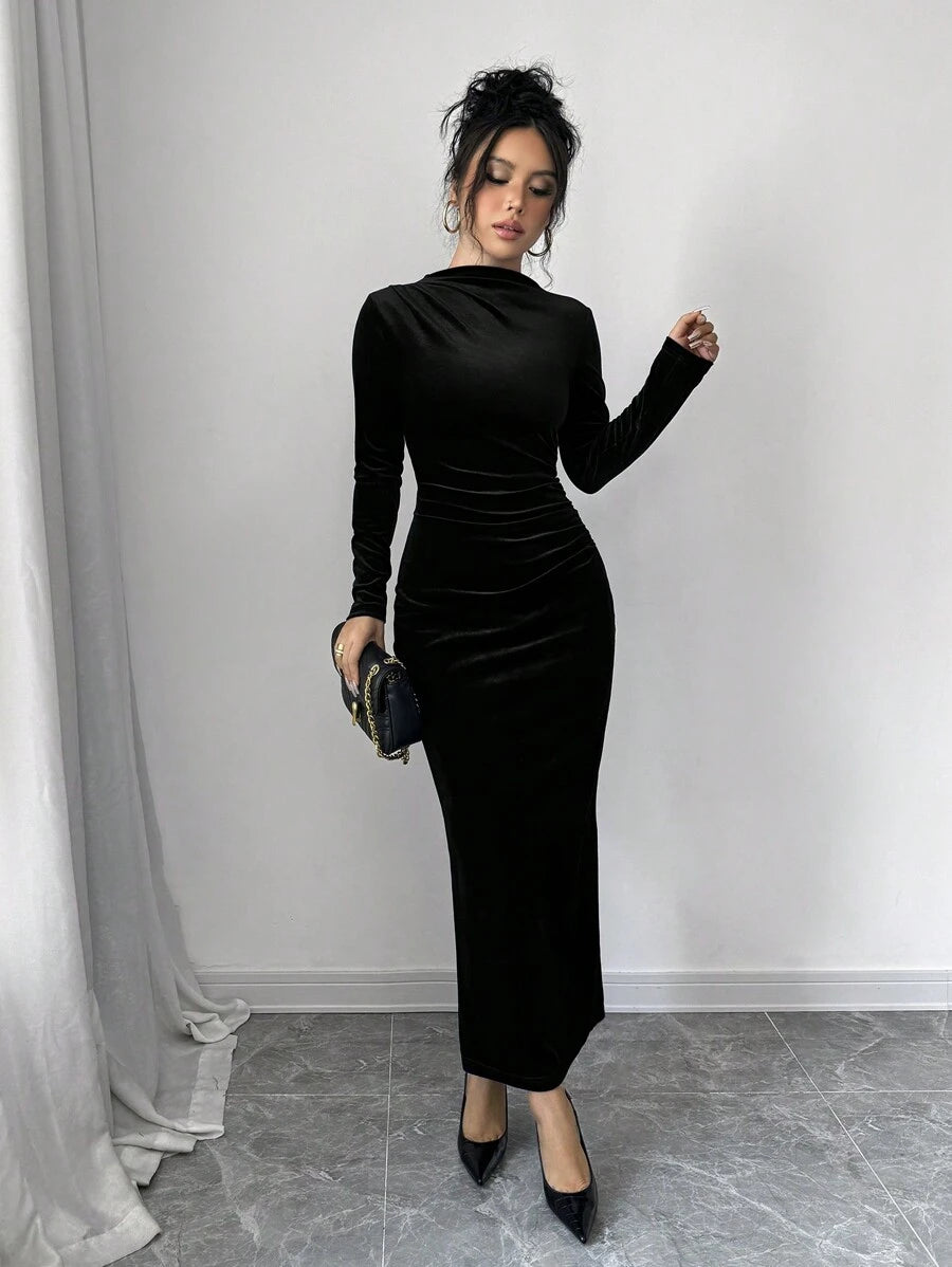 Florence Velvet Ruched Mock Neck Bodycon Maxi Dress