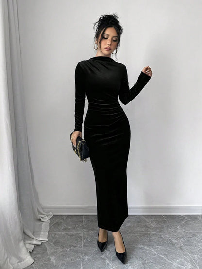 Florence Velvet Ruched Mock Neck Bodycon Maxi Dress