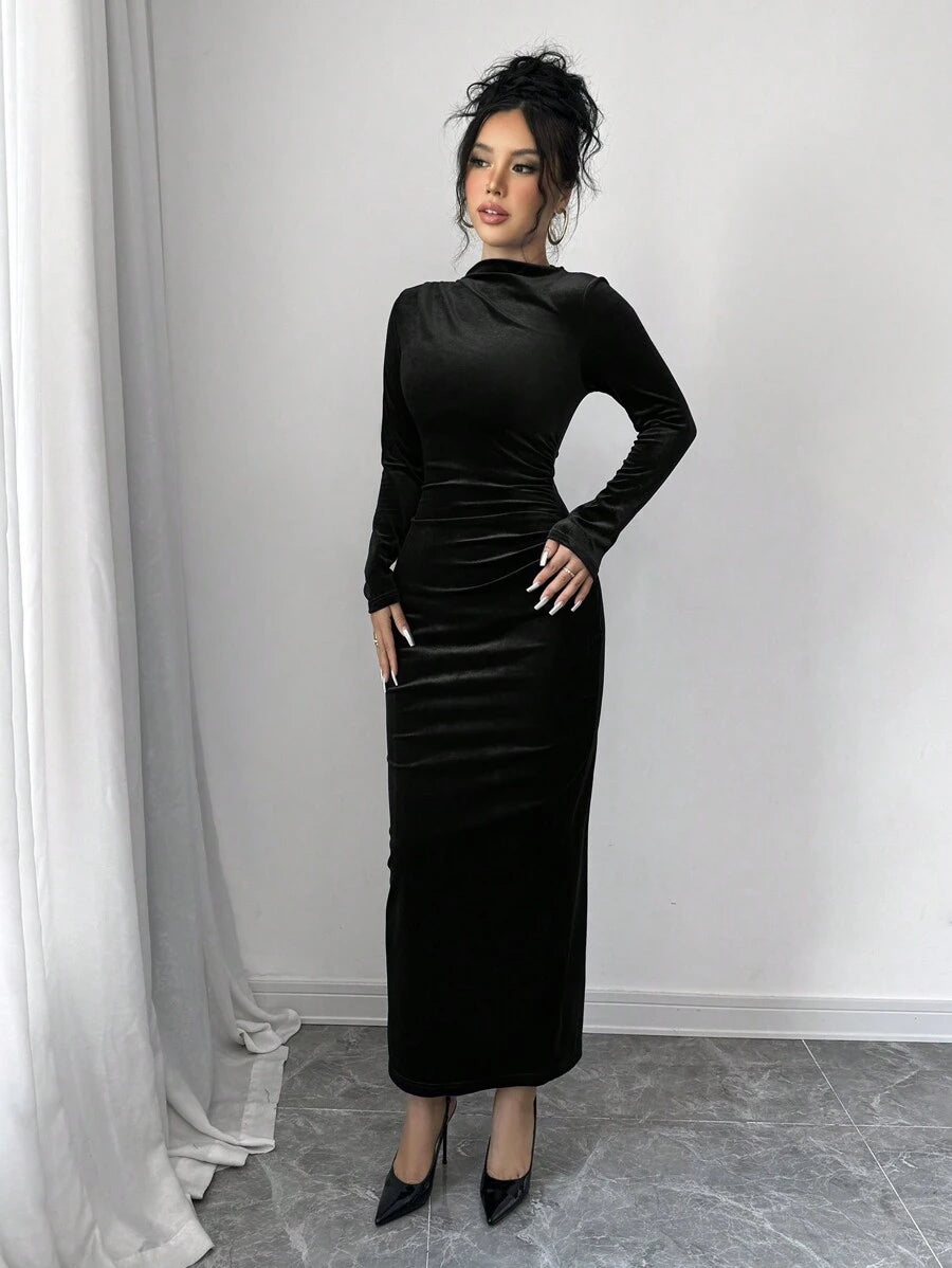 Florence Velvet Ruched Mock Neck Bodycon Maxi Dress