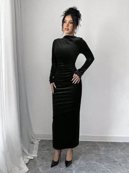 Florence Velvet Ruched Mock Neck Bodycon Maxi Dress
