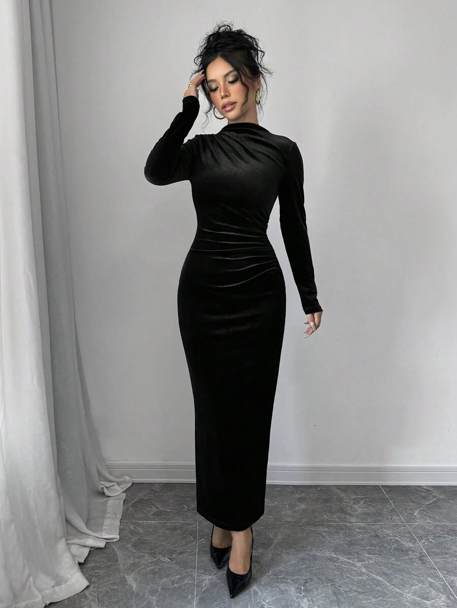 Florence Velvet Ruched Mock Neck Bodycon Maxi Dress