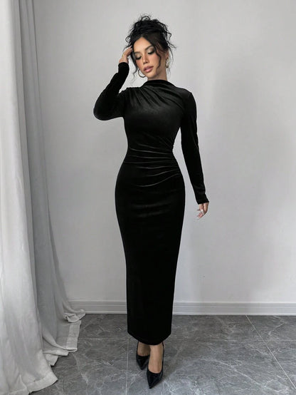 Florence Velvet Ruched Mock Neck Bodycon Maxi Dress