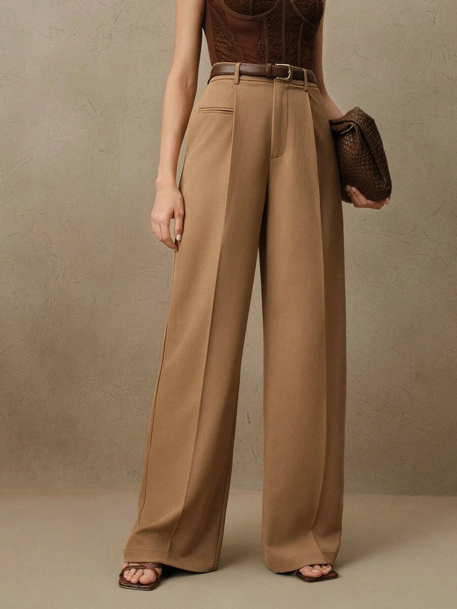 Women's Belted Straight Leg Suit Trousers, Stretch Dress Pants for Work Office - Khaki