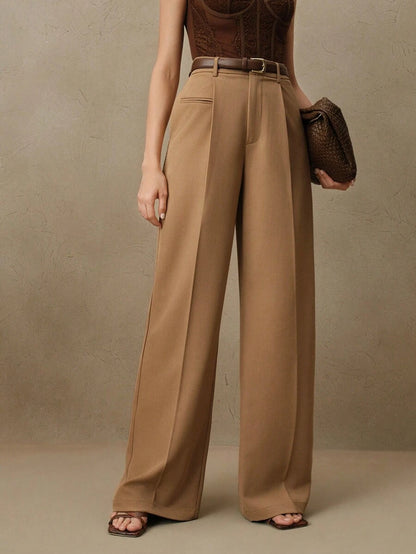 Women's Belted Straight Leg Suit Trousers, Stretch Dress Pants for Work Office - Khaki