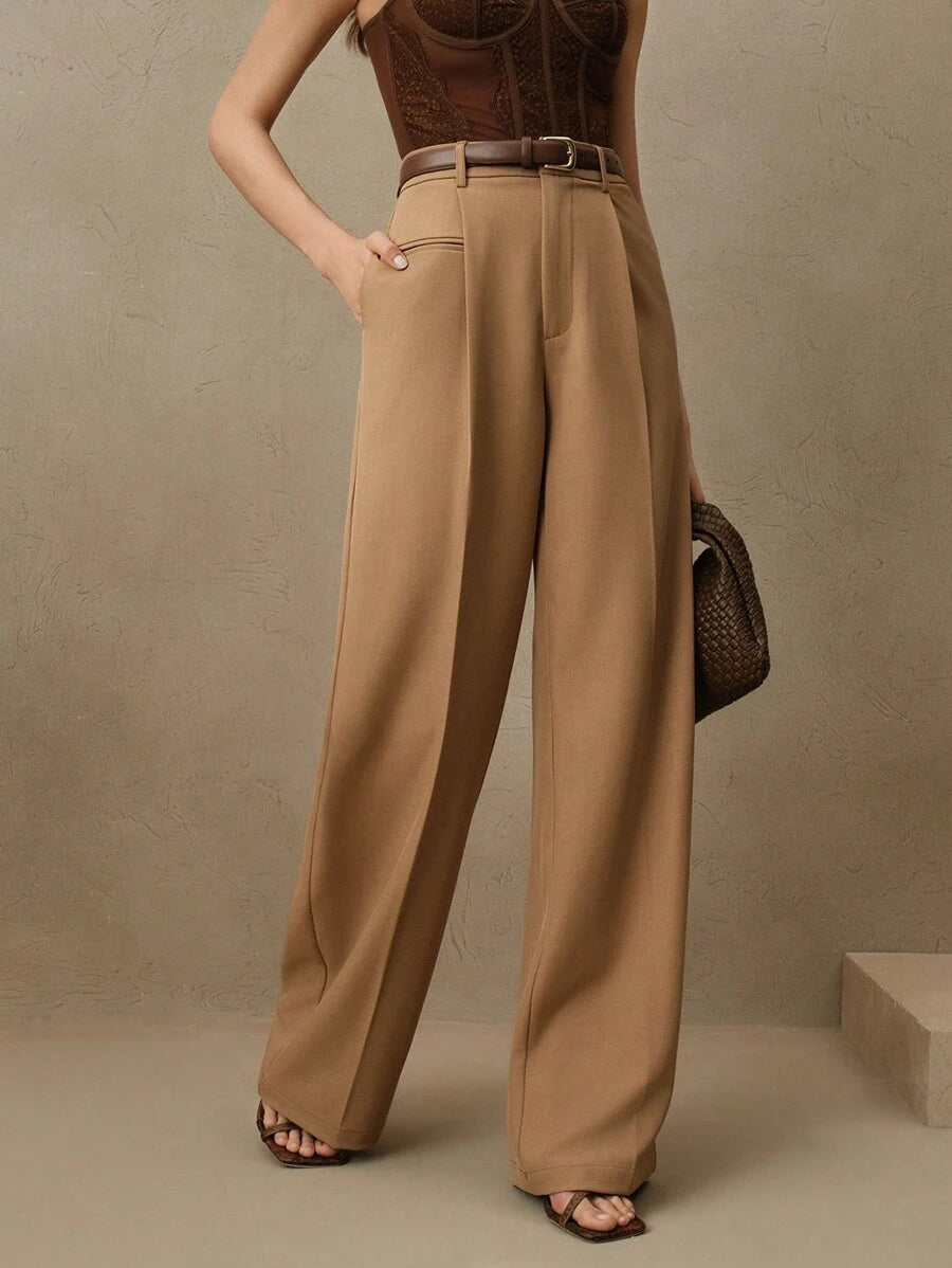 Women's Belted Straight Leg Suit Trousers, Stretch Dress Pants for Work Office - Ginger