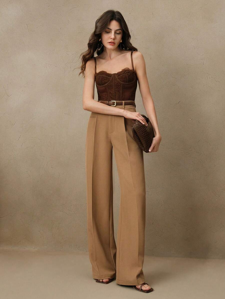 Women's Belted Straight Leg Suit Trousers, Stretch Dress Pants for Work Office - Apricot