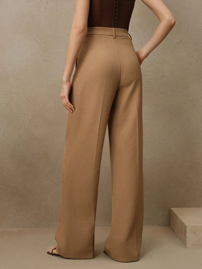 Women's Belted Straight Leg Suit Trousers, Stretch Dress Pants for Work Office - Black