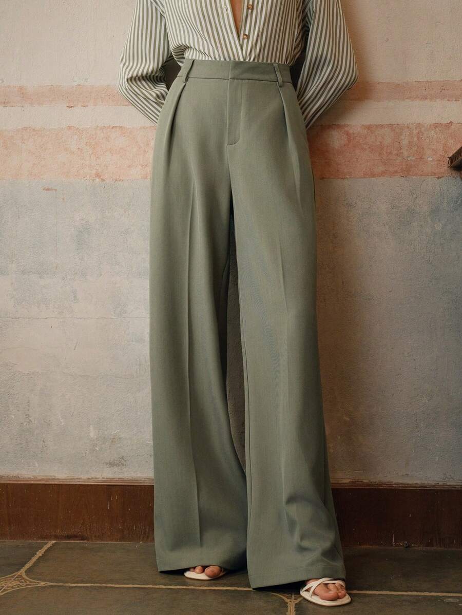 Tatiana Pleated High Waist Wide Leg Trousers with Pockets - Purple