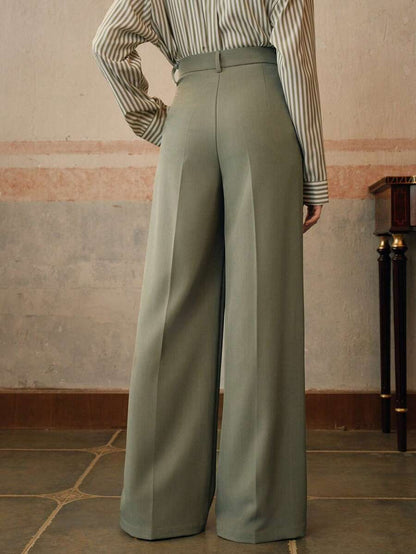 Tatiana Pleated High Waist Wide Leg Trousers with Pockets - White