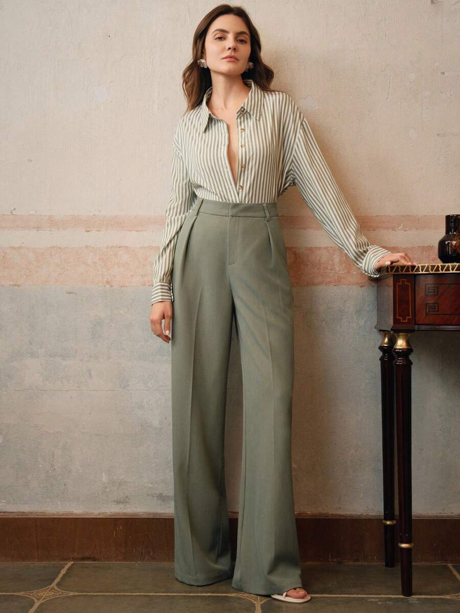 Tatiana Pleated High Waist Wide Leg Trousers with Pockets - Apricot