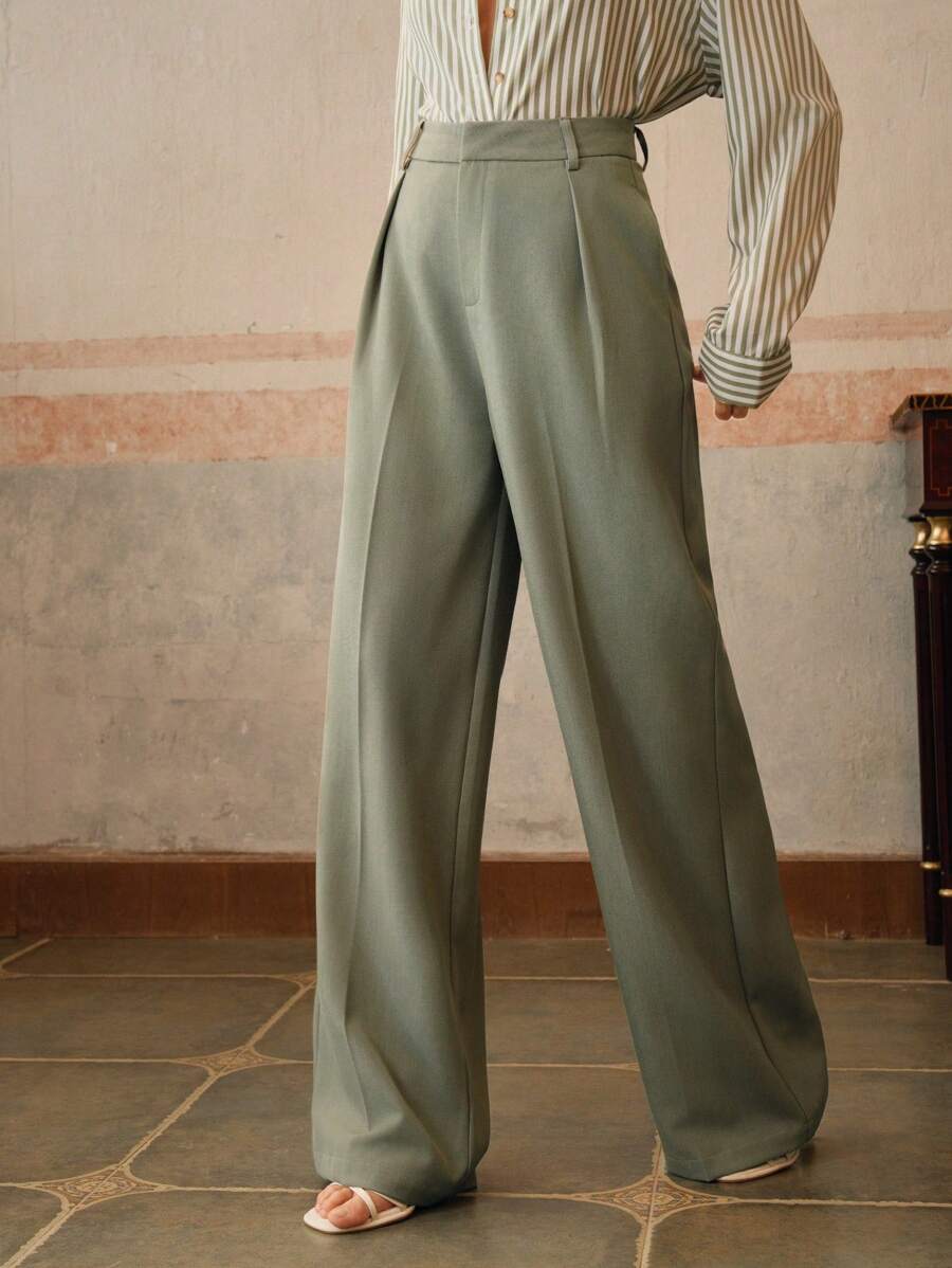 Tatiana Pleated High Waist Wide Leg Trousers with Pockets - Beige