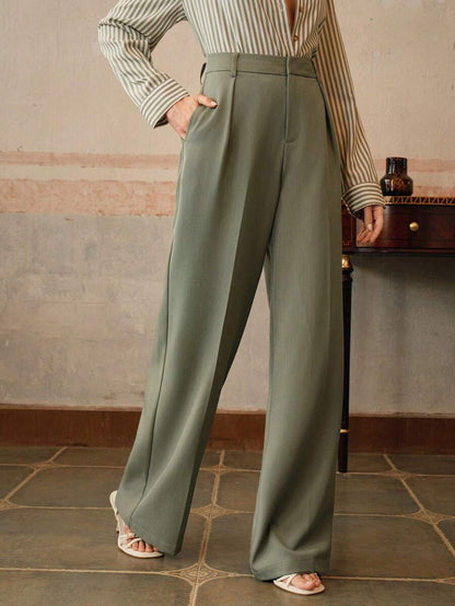 Tatiana Pleated High Waist Wide Leg Trousers with Pockets - Blue