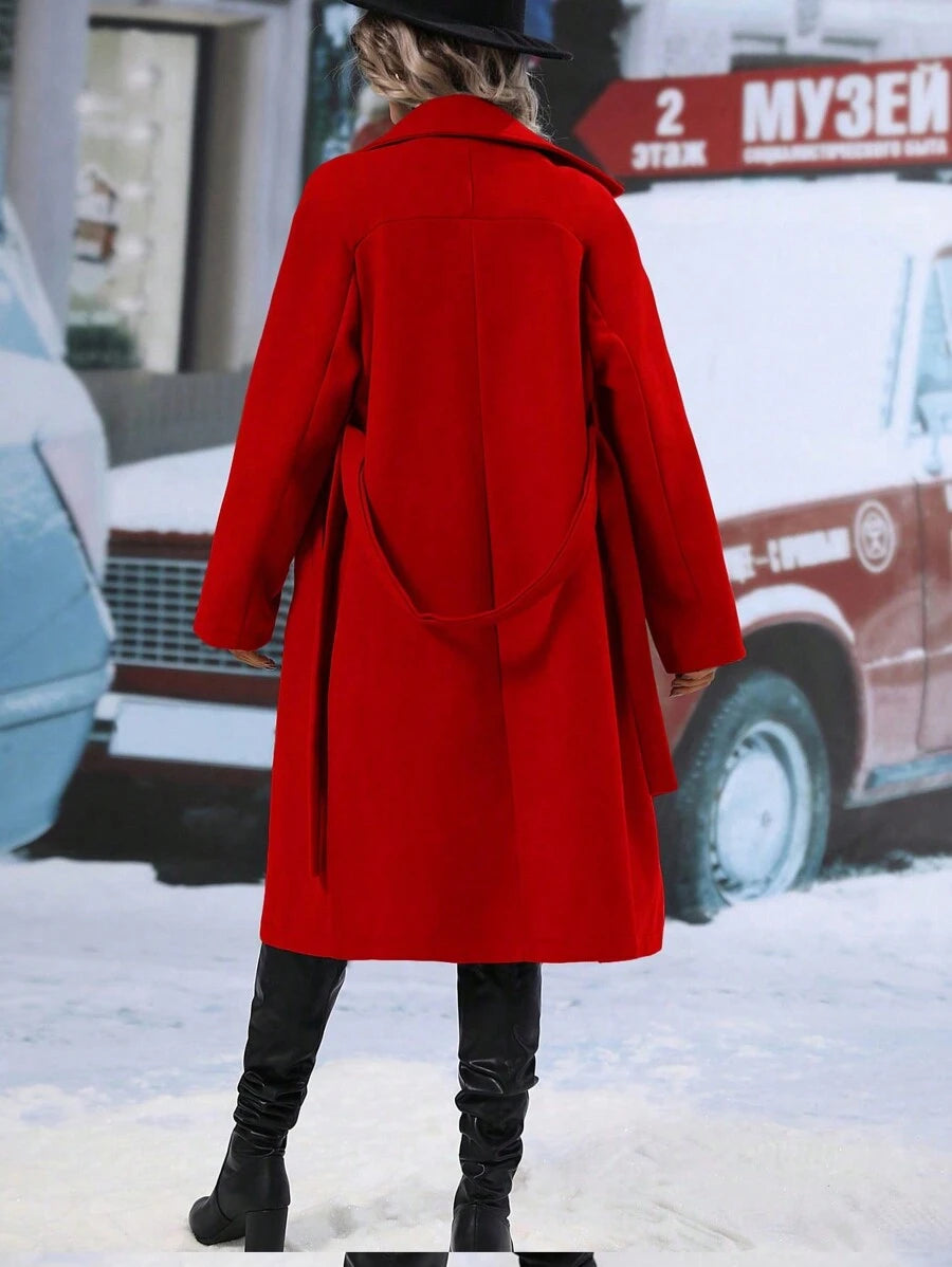 Elspeth Double Breasted Belted Midi Coat with Lapel Collar - Red