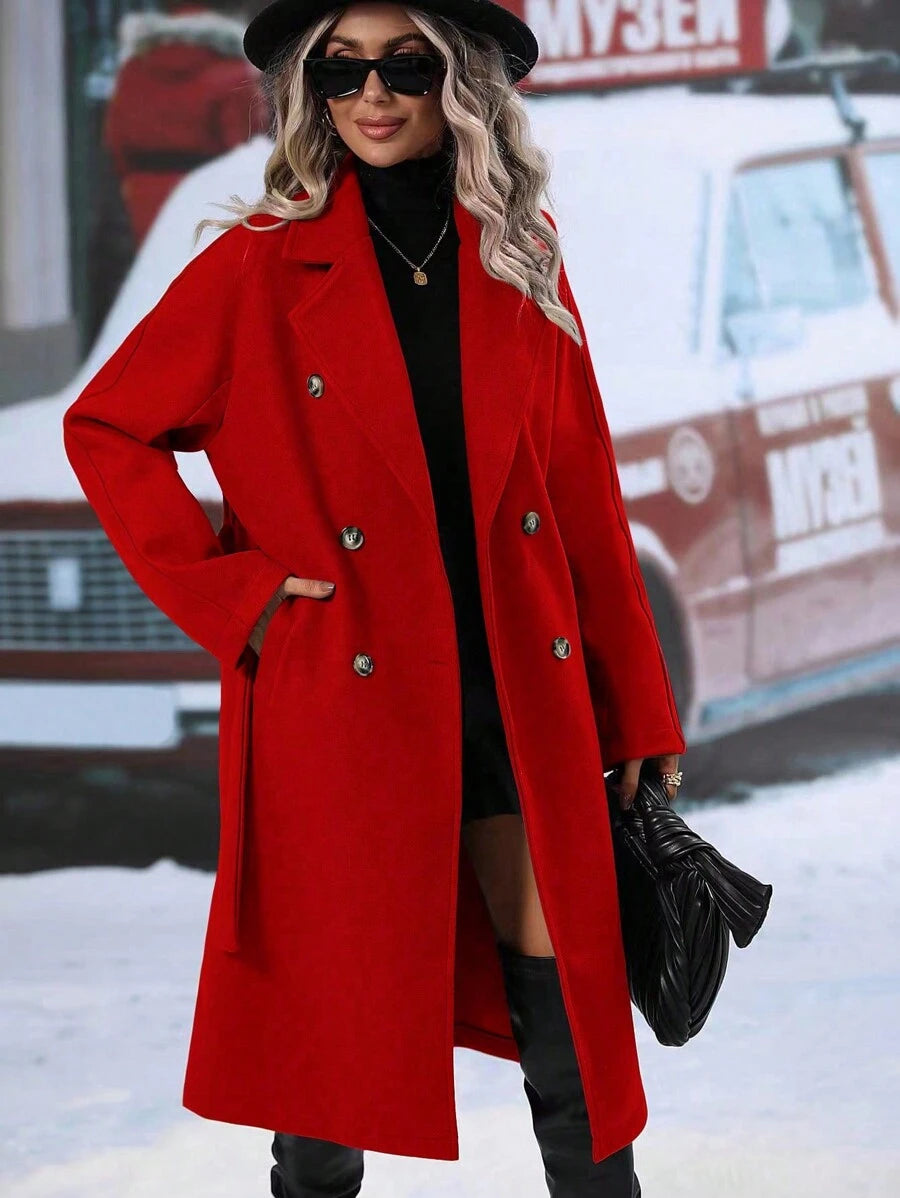 Elspeth Double Breasted Belted Midi Coat with Lapel Collar - Red