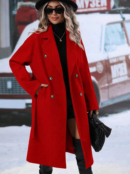 Elspeth Double Breasted Belted Midi Coat with Lapel Collar - Red
