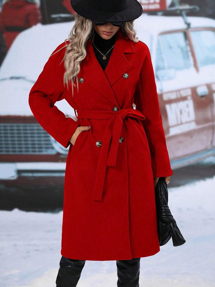 Elspeth Double Breasted Belted Midi Coat with Lapel Collar - Red