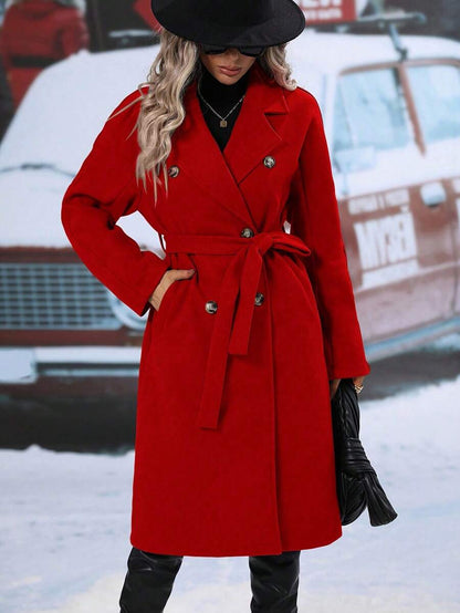 Elspeth Double Breasted Belted Midi Coat with Lapel Collar - Red