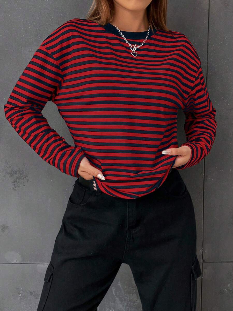Ophelia Striped Long Sleeve Crew Neck Tee - Red
