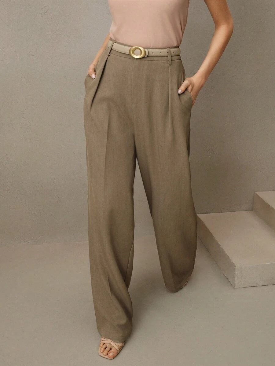 Tatiana Pleated High Waist Wide Leg Trousers with Pockets - Orange