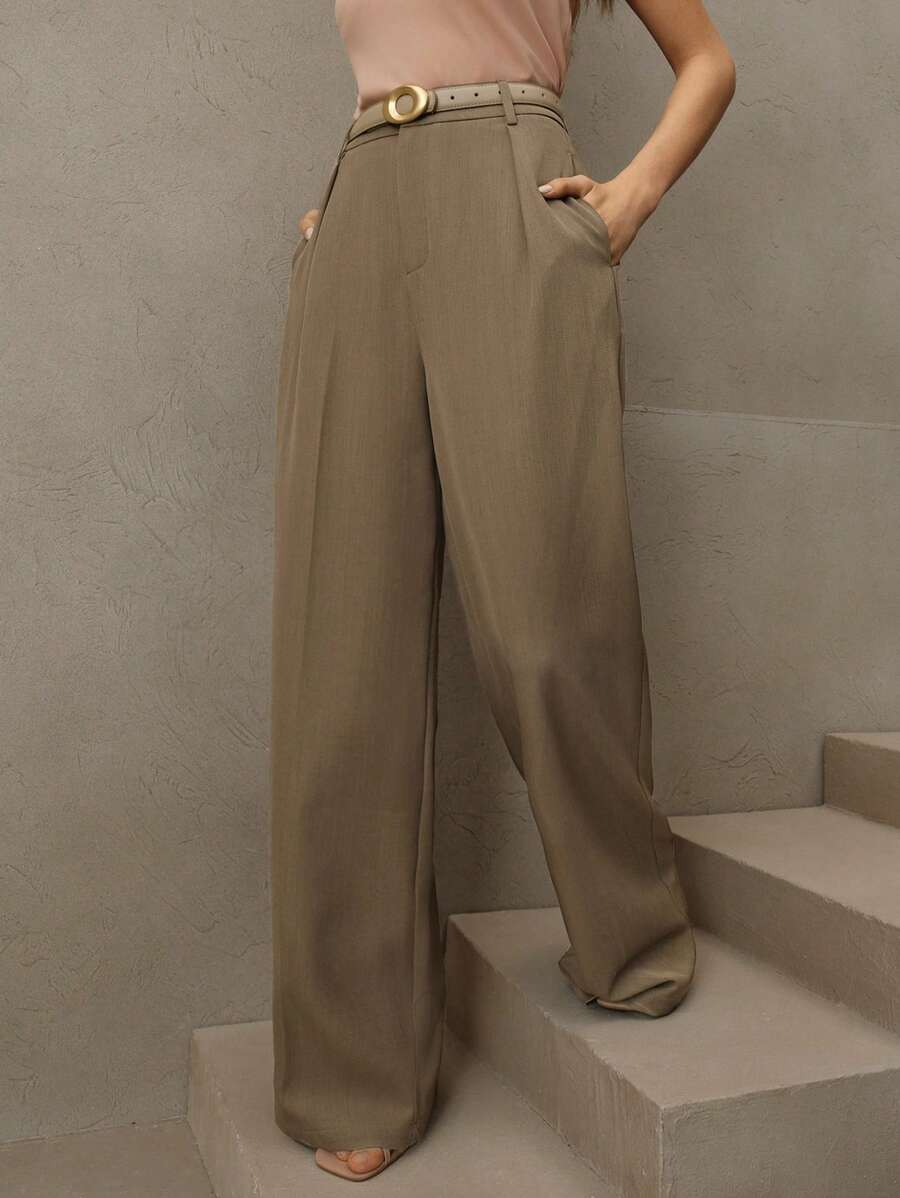 Tatiana Pleated High Waist Wide Leg Trousers with Pockets - Khaki