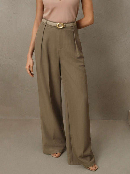 Tatiana Pleated High Waist Wide Leg Trousers with Pockets - Camel