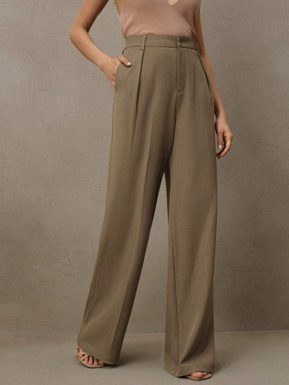 Tatiana Pleated High Waist Wide Leg Trousers with Pockets - White