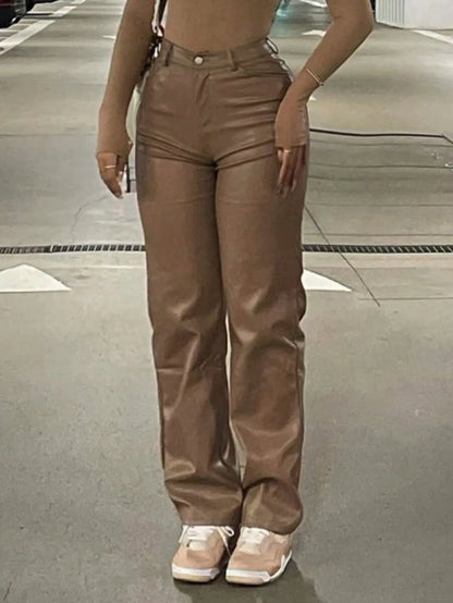 Durango High Waist Faux Leather Straight Leg Pants - Khaki