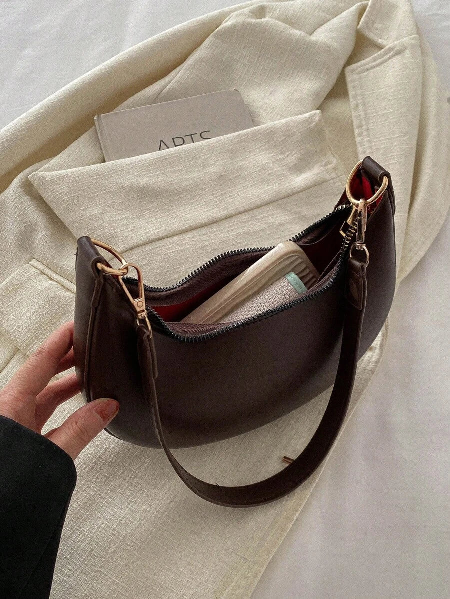 Women's Crescent Shoulder Bag, Faux Leather Half Moon Purse with Gold Hardware