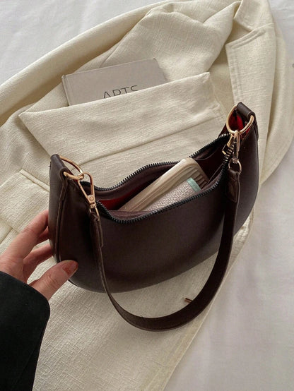 Women's Crescent Shoulder Bag, Faux Leather Half Moon Purse with Gold Hardware